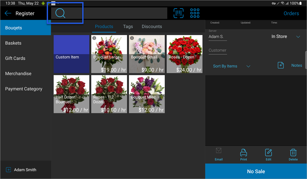 talech app product catalog screen with search button highlighted