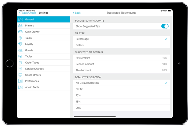 screenshot of ipad showing talech mobile suggested tip amounts settings screen