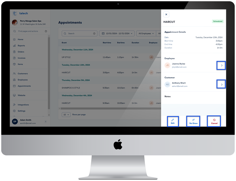 Appointment details side menu with edit, cancel, customer and employee options highlighted.