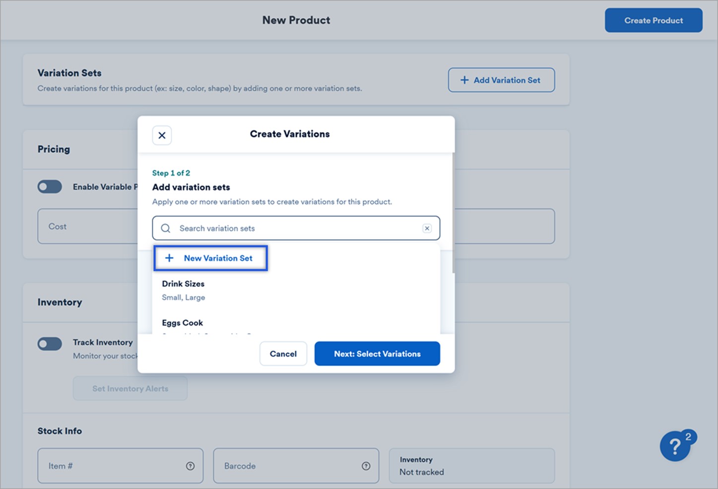 New product menu showing the variation creation options.
