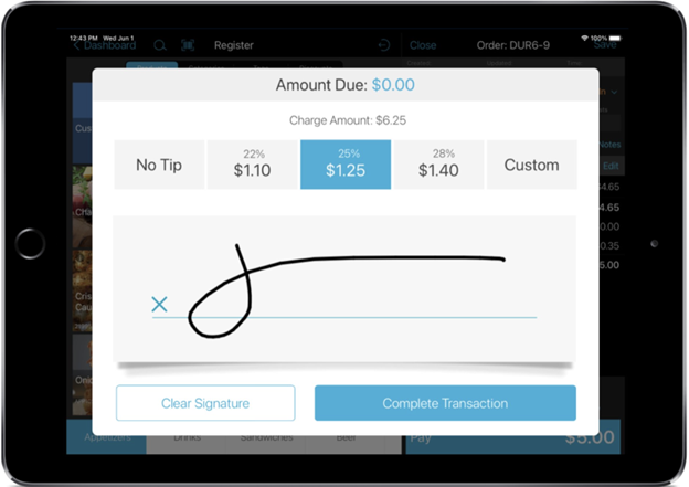 talech register tip displayed with twenty five percent selected and a signature displayed