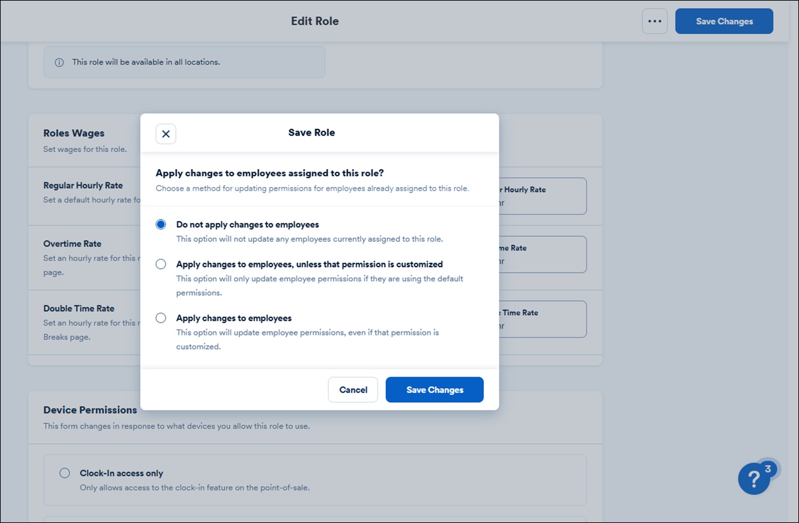Role settings save screen.